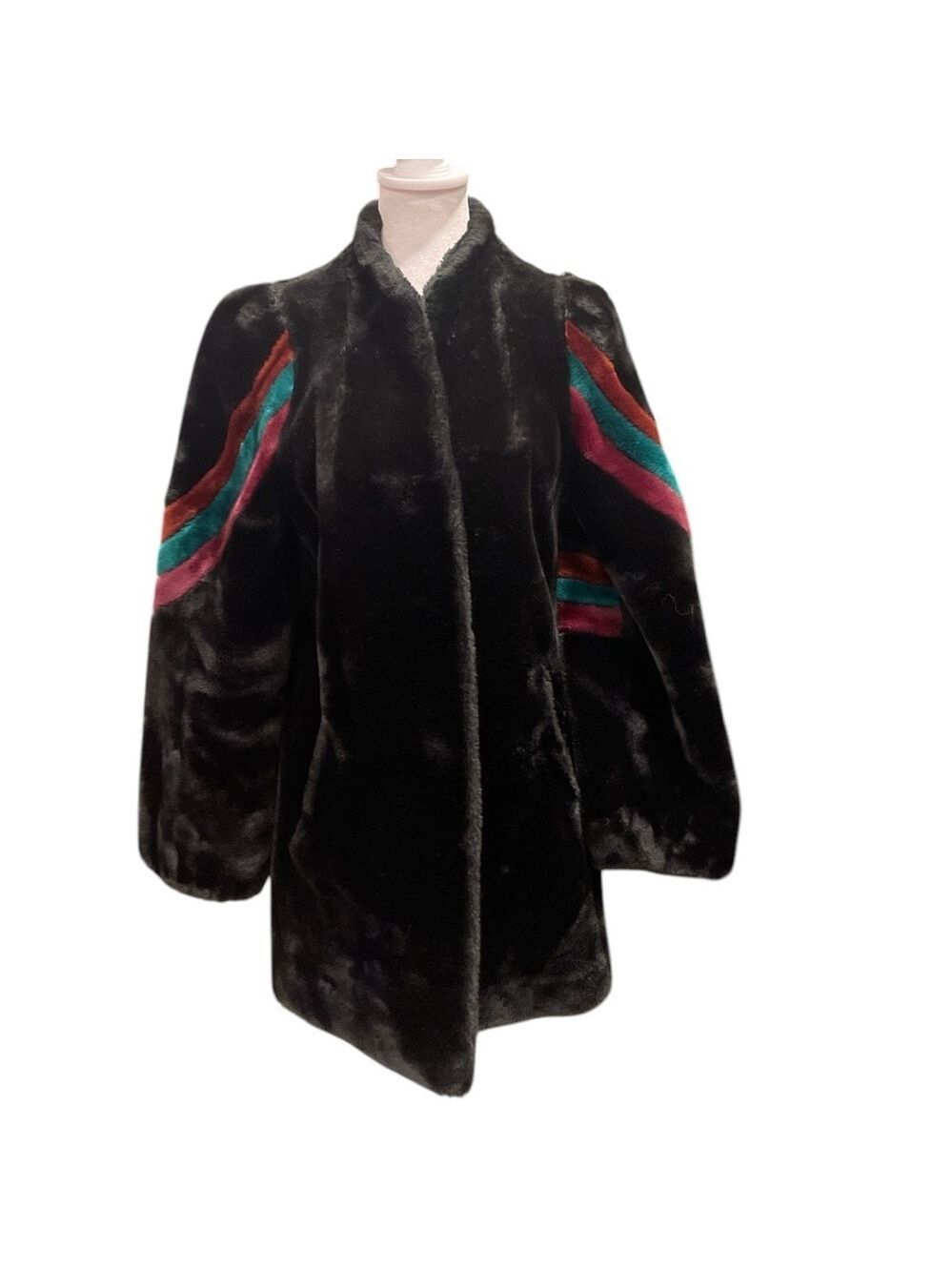 Carol Horn SZ 7-8 black with brown/green sleeve detail Captivity faux fur coat